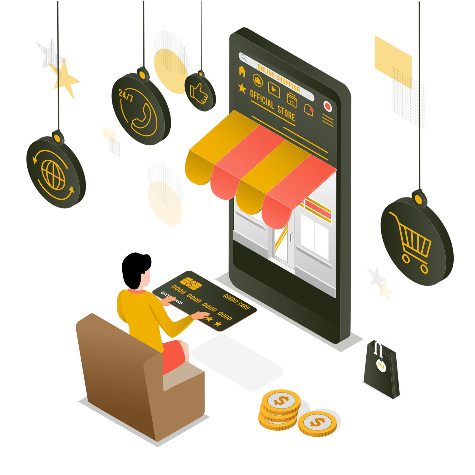 Shopping online process on smartphone and tablet.
